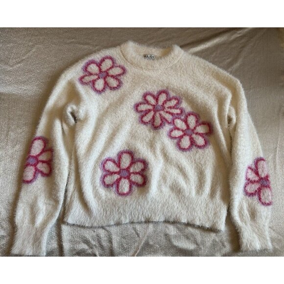 Women Sz Large Eyelash Flutter Fuzzy Soft Crop Mock Floral White Pink - Picture 2 of 9